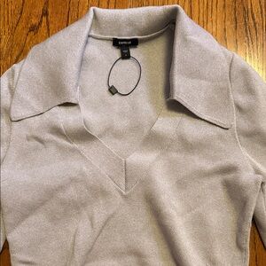 Express Light Gray V-Neck Collared Top